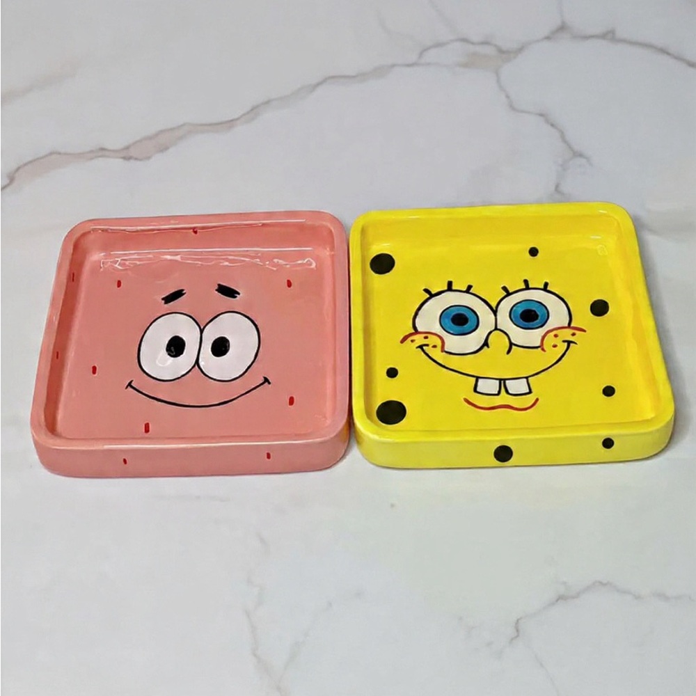 SpongeBob & Patrick Square Trinket Dish Set - Handmade - Set of 2